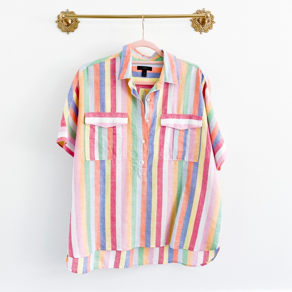 J.Crew Candy Stripe Rainbow Multi Color Linen Popover Shirt